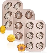 Beasea 3 Pack Madeleine Pans, 10x7 Inch 6 Cavity Nonstick Cat Shaped Cake Cookies Pan Carbon Steel M