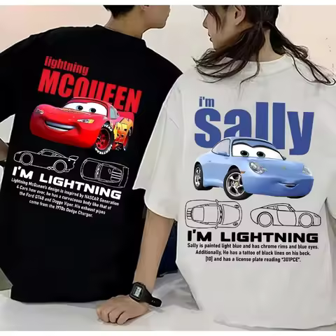 Summer New Lightning McQueen and Sally Print Couple T-shirts McQueen and Sally Pure Cotton Short-sle