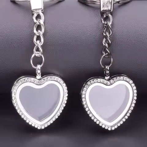 Hearts Locket Key Chain Crystal Llaveros Para Mujer Heart Pendant Floating Lockets Keyrings Magnet K
