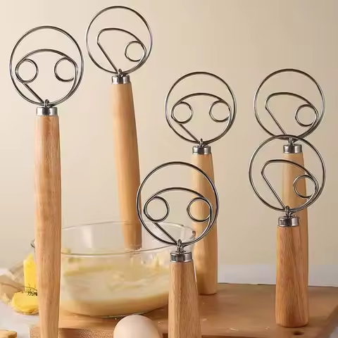 1PC Oak Handle Flour Blender Danish Dough Blender Stainless Steel Coil Eggbeater Tool