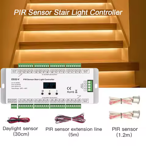SKYDANCE PIR Sensor Stair Light Controller KIT ES32-V 6 Run Modes 32CH Output Infrared Control 24V S