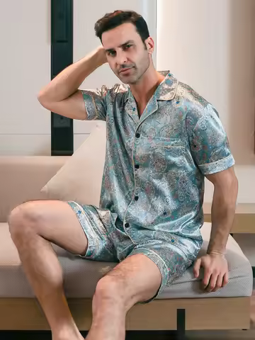 Two piece sets for men's pajamas summer short sleeved shorts flower pattern printed home clothing sl