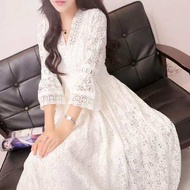 ชุดลูกไม้คอวีสำหรับผู้หญิงชายหาดงานแต่งงานสไตล์เกาหลีบางใหม่ลดน้ำหนักผู้หญิงเดรสกระโปรงยาว