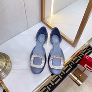 Rv Flat Sole Shoes Women Red Rhinestone Square Buckle Satin Hollow Shoes Round Toe Shallow Mouth Hol