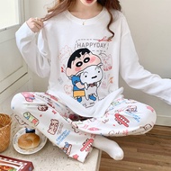 【40-65KG】现货 爆款蜡笔小新睡衣女春秋新款可爱卡通长袖T恤宽松韩版休闲家居服套装