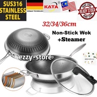 KATA SUS316 Stainless Steel Honeycomb Pan Non-Stick Wok Steamer With Lid (32/34/36cm)