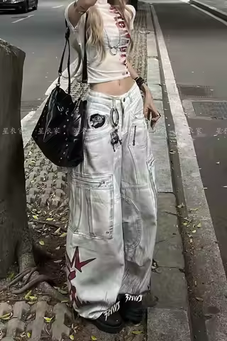 American Vintage Style Large Pocket Jeans New Fashion Women's Baggy Denim Pants Embroidery Patch Flo