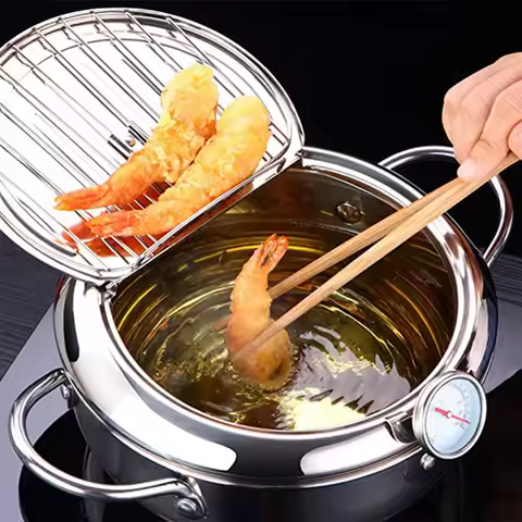 Japanese Deep Fryer With Thermometer and Lid 304 Stainless Steel Kitchen Tempura Fryer Pan Fryer Wit