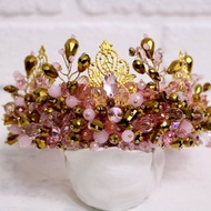Pink crown Beaded bridal tiara Rose gold royal diadem Wedding handmade crown