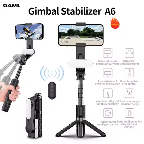 QAML A6 2025 1-axis handheld gimbal stabilizer w/ selfie stick/tripod, wireless remote, 400mAh Li-io