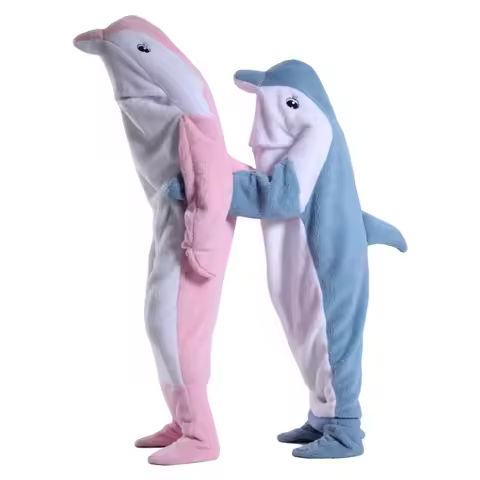 Cartoon Dolphin Onesie Pajamas Flannel Wearable Blanket Sleep Sack for Men Women