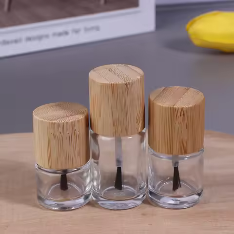 Glass Nail Oil Bottle With Brush Nail Glue Bottle 5ml 10ml 15ml Cylindrical Solid Wood And Bamboo Co