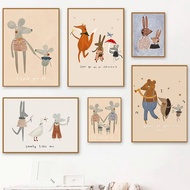 Mouse Family Rabbit Fox Hedgehog Dance Nursery Poster Nordic Wall Art Print Canvas Painting Boho Pictures For Bedroom Baby Decor QXUI