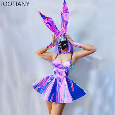 Halloween New Purple Laser Dress Animal Headdress Women's Ball Dress Bar Nightclub Costume Stage Pol
