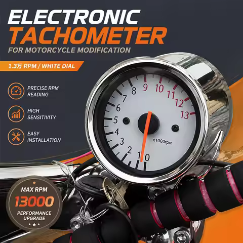 13000 RPM Inductive Motorcycle RPM Tachometer White Dial Pointer Meter Halogen Backlight Universal