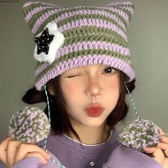 BOOMLIFE1238C Star Devil Hat, Y2K Cute Striped Y2K Beanie Hat, Crochet Cute Cat Devil Ear Cat Autumn