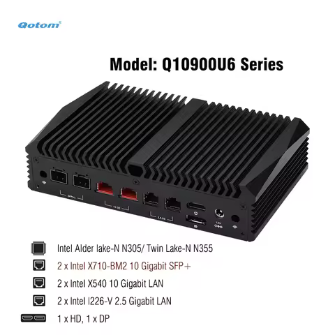 Barebone Qotom Mini PC N100/N150/ i3-N305/i3-N355 Onboard, 2x10G SFP+/ 2x10G LAN/ 2x2.5G LAN, DDR5 N