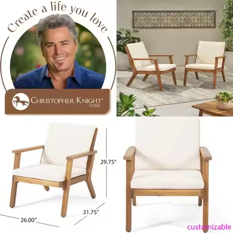 2025new-Christopher Knight Home Carlos Acacia Wood Outdoor Club Chairs with Cushions, Brown Patina, 