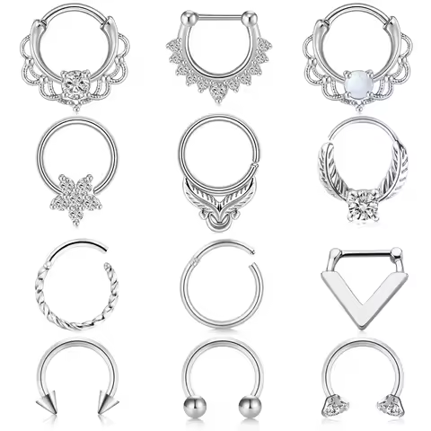 12pcs Men's Nose Ring, Hoop Septum Clicker Set 8-10mm Stainless Steel 16G Multi-colored with Clear C