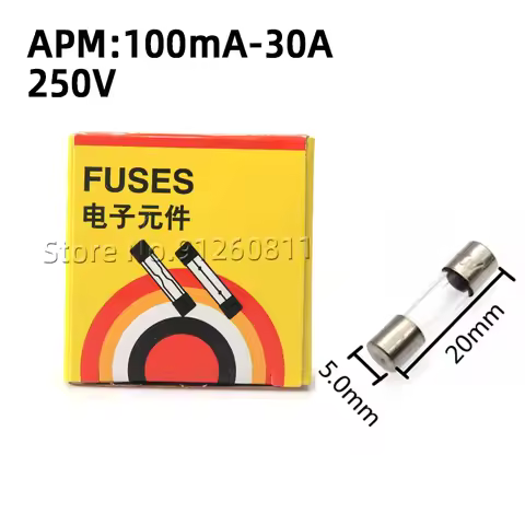 20PCS 5x20mm Glass Fuse 250V 0.2A 0.5A 1A 2A 3A 3.15A 4A 5A 6A 6.3A 8A 10A 15A 20A 5*20 The Multimet
