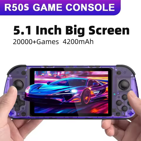 Transparent purple R50S Retro Handheld Video Game Console 5.1 Inch IPS Screen 15000+ Games 10+ Emula