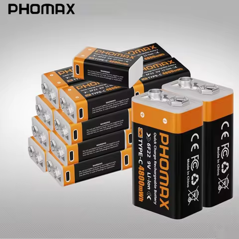 PHOMAX 9 Volt Rechargeable USB Type-C Port Li-ion Battery Home Appliances 6F22 Multimeter Chargeable