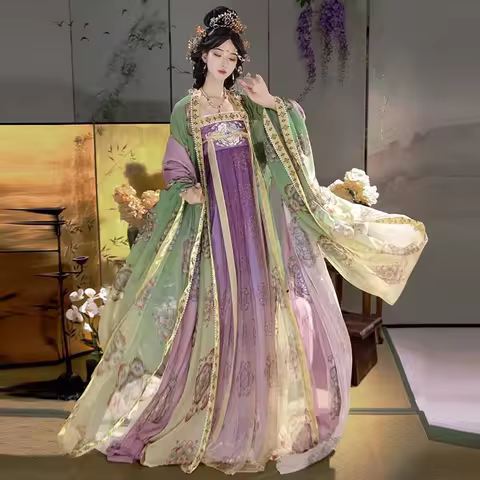 Chinese Hanfu Dress Women Party Outfit Chinese Tang dynasty Ancient Printed Embroidery Green Red Pur