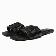 Zara2023 Summer New Style Women's Shoes Black Cow Leather Flat Sandals Outer Wear All-Match Beach Seaside Slippers Women