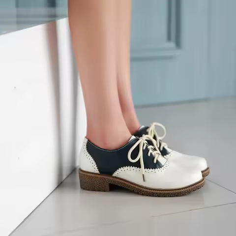 LeShion Of Chanmeb Big Size 43 Women Brogue Oxford Shoes Perforated Wingtips Two Tone Saddle Shoes L