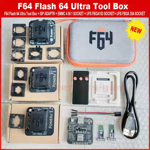 New ORIGINAL F64 Flash 64 Ultra toolBox SET + UFS BGA 153/254 Socket, EMMC 4 in 1 Adapter Socket