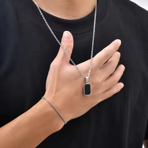Vnox 2pcs/set Men's Pendant Necklace and Bracelet Set, Black Gold Silver Color Stainless Steel Jewel