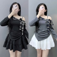 Set of long-sleeved off-the-shoulder top with rough checkered bow, flared skirt in foam fabric, big-