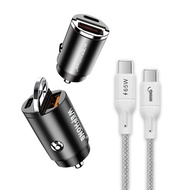 【Wephone】極速45W PD+QC 拉環雙孔車用充電器+65W Type-C to Type-C 傳輸充電線(200cm)