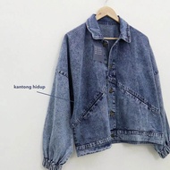 Jaket Jeans Bordir Wanita Jumbo Oversize//Jaket Crop Top Jeans Wanita Lengan Karet Oversize Ld 140cm