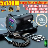 140W 6-in-1 Retractable Car Charger Mobile Phone Super USB Cable for IOS Android Suitable Conversion