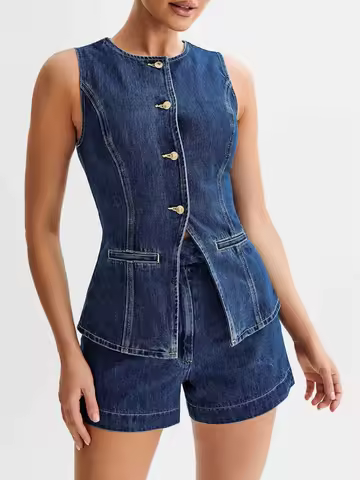 2024 New Fashion Women's Denim Long Vest Tops Button-up Back Slit Sleeveless Pocket Round Neck Waist