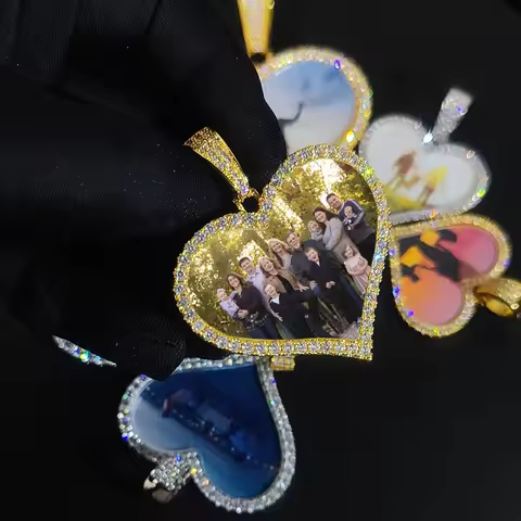 Hip Hop Heart Locket Necklace with Photo Custom Iced Out Jewelry 22/40/50/66mm Blank Heart Photo Fra