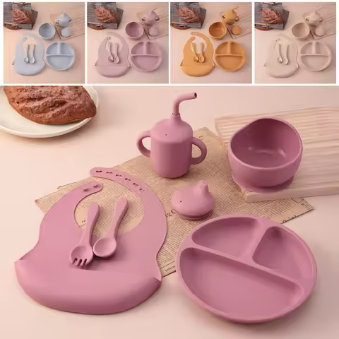 Color Kids 6PCS Silicone Feeding Set Divided Plates Sippy Cup Training Eating Cutlery Strong Suction