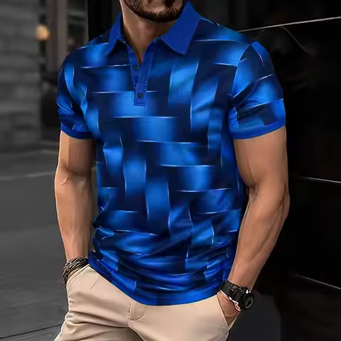 3D Woven Graphic Polo Shirt Men Metallic Blue Optical Design Short Sleeve Sports Tops Summer Fit Cas