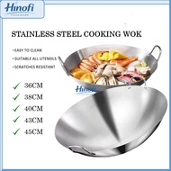 HINOFI Stainless Steel Wok with Durable Heat-Resistant Design, Available in 34cm to 45cm Sizes Kuali