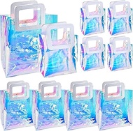 Aemygo 10 Pcs Holographic Bag with Handles 2 Sizes Clear Reusable Iridescent Gift Bag Large PVC Tote Bags Transparent Gift Wrap Handbags for Women Girl Wedding Birthday Christmas