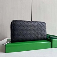 *** bv Large Braided Waxed Calfskin Large Diamond Long Zipper Wallet Silver Hardware Zipper Wallet W