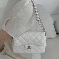 Chanel 白色羊皮 珍珠鏈條cf 大mini