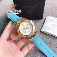 ✨GUESS 蓋爾斯手錶 女錶 時尚腕錶 女生石英錶 玫瑰金藍色矽膠錶帶 38mm W1053L6