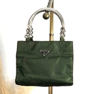 【 日本直送　名牌中古包 】PRADA プラダ ハンドバッグ グリーン トライアングルロゴ ナイロン メタルハンドル vintage オールド xdsyty