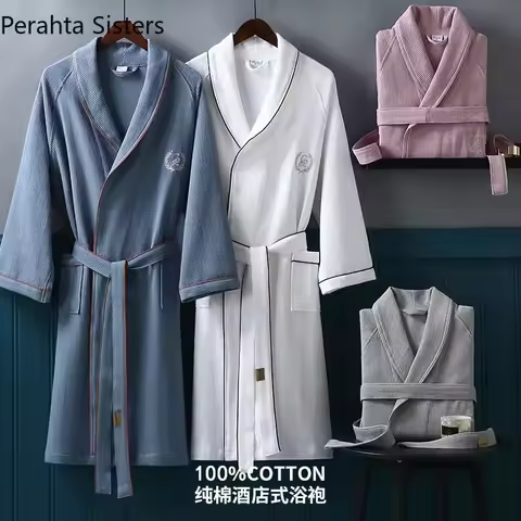 High Quality Hotel Home Waffle Bathrobe For Men Pure Cotton Embroidered Lapel Absent Bath Robe Men's