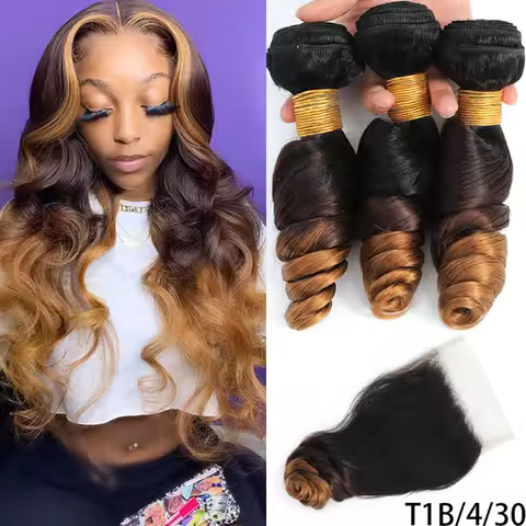 DreamDiana 10A Loose Wave Bundles with Closure Wet and Wavy Brazilian Ocean wave 100% Human Hair 3 B