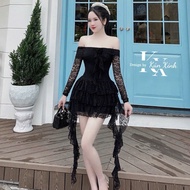 Luxurious lady's dress, luxuriously designed dress, off-the-shoulder dress with long sleeves and pre