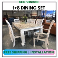 bilik Furniture- Dining Set / Marble Table / 1+8 / 1 Meja 8 Kerusi / Set / meja makan 8 kerusi/Brown/Solid Wood