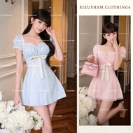 [vintage Embroidered Bucket Dress] Lace Trim Dress with Pearl Buttons and Bow Tie A-Line Cute Lady K